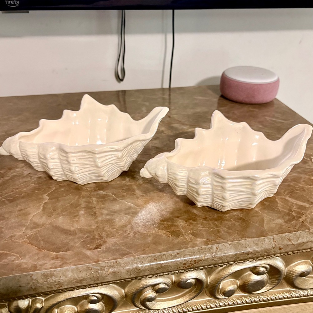 Vintage Iridescent Ceramic Conch Shell Bowls Set of 2 Pearlescent Coastal Decor